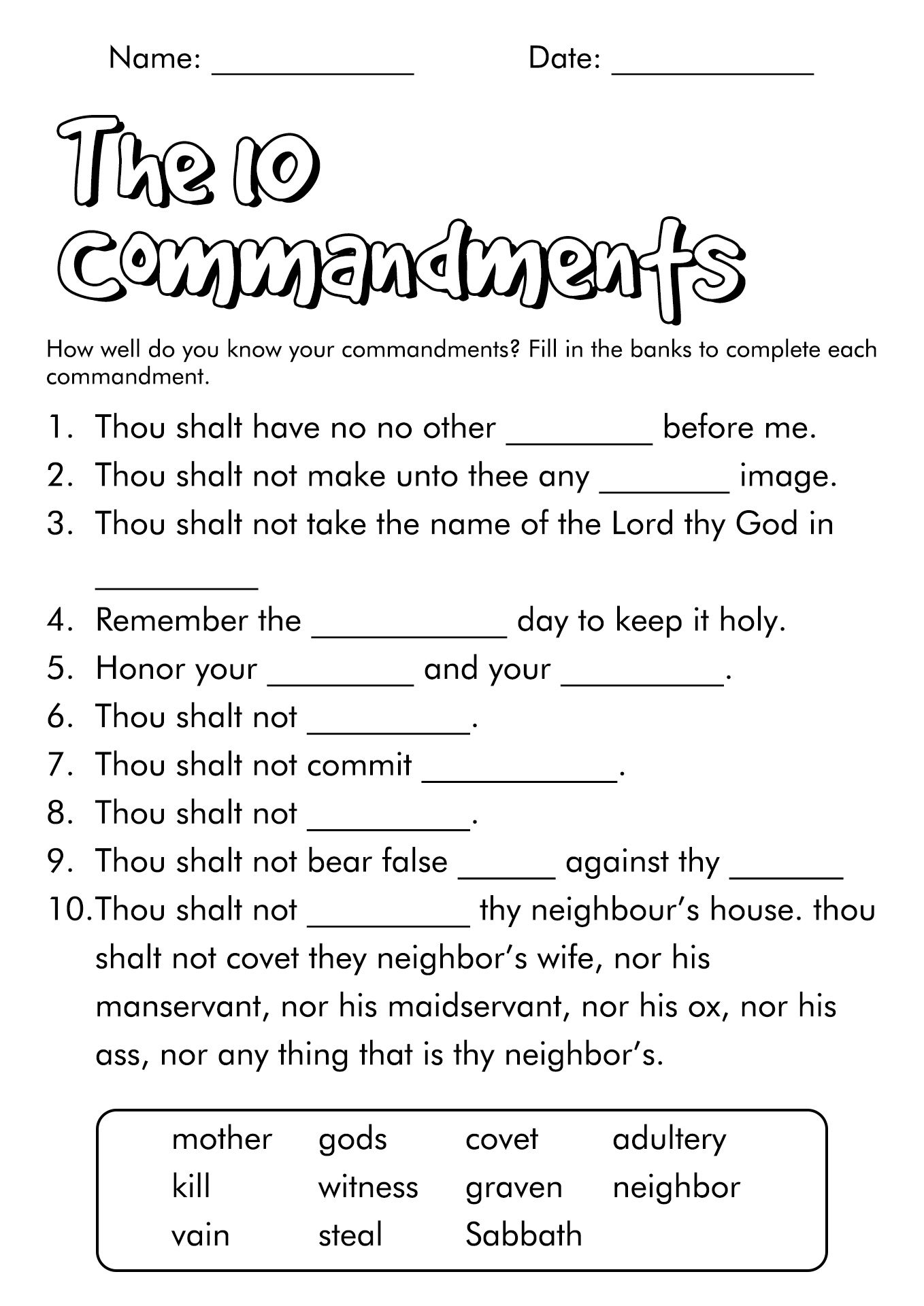 free printable 10 commandments games