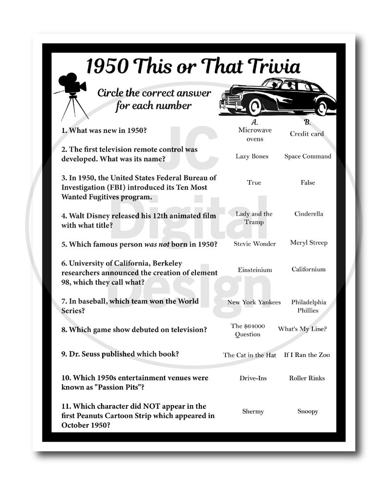 Free Printable 1950 And 1960S Quizzes Hank B Garner
