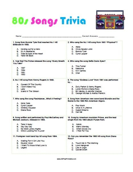 Free Printable 80s Songs Trivia 80s Songs Fun Trivia Questions Trivia