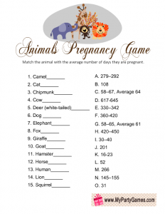 Free Printable Animal Pregnancy Game