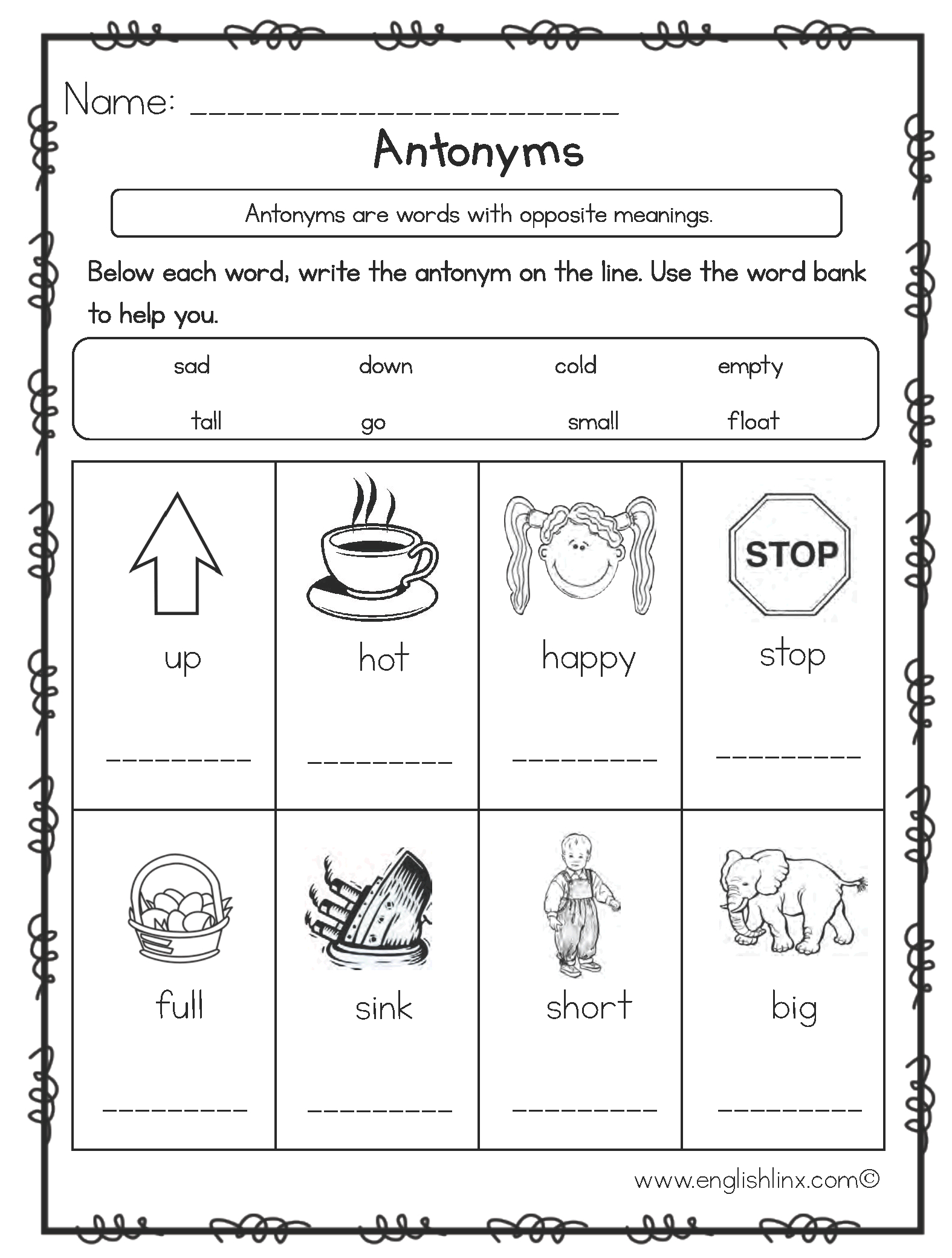 free printable antonym games
