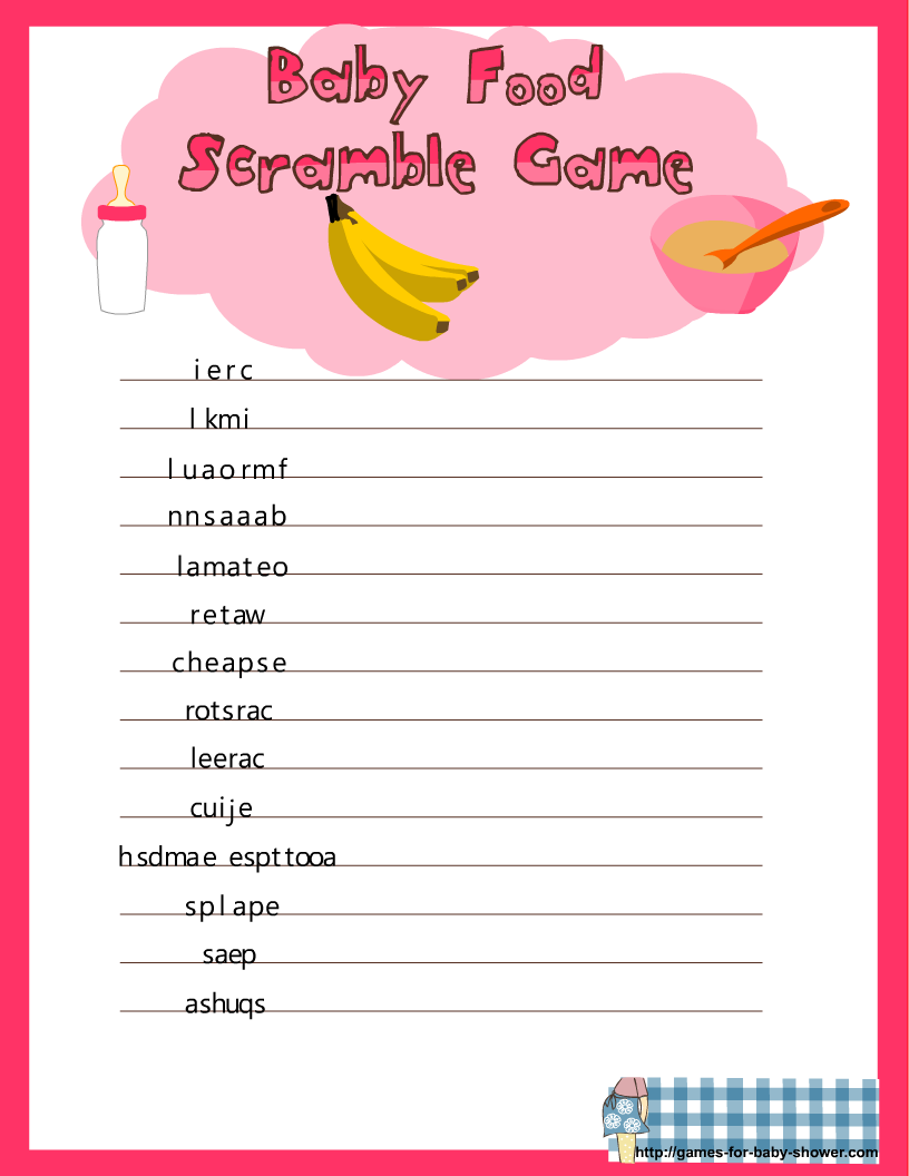 free printable baby shower game baby food scramble