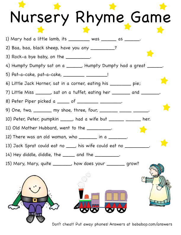 Free Printable Baby Shower Nursery Rhyme Game Nursery Rhymes Games