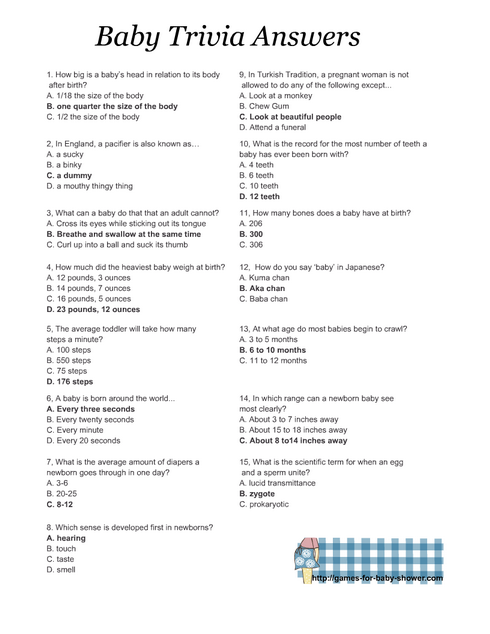 Free Printable Baby Shower Trivia Quiz With Answer Key