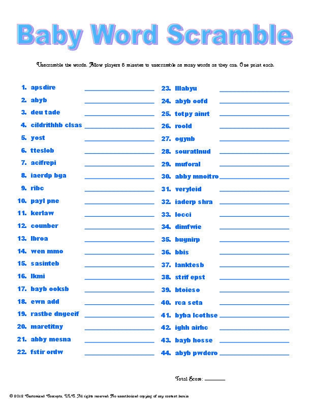 Free Printable Baby Shower Word Scramble With Answer Key