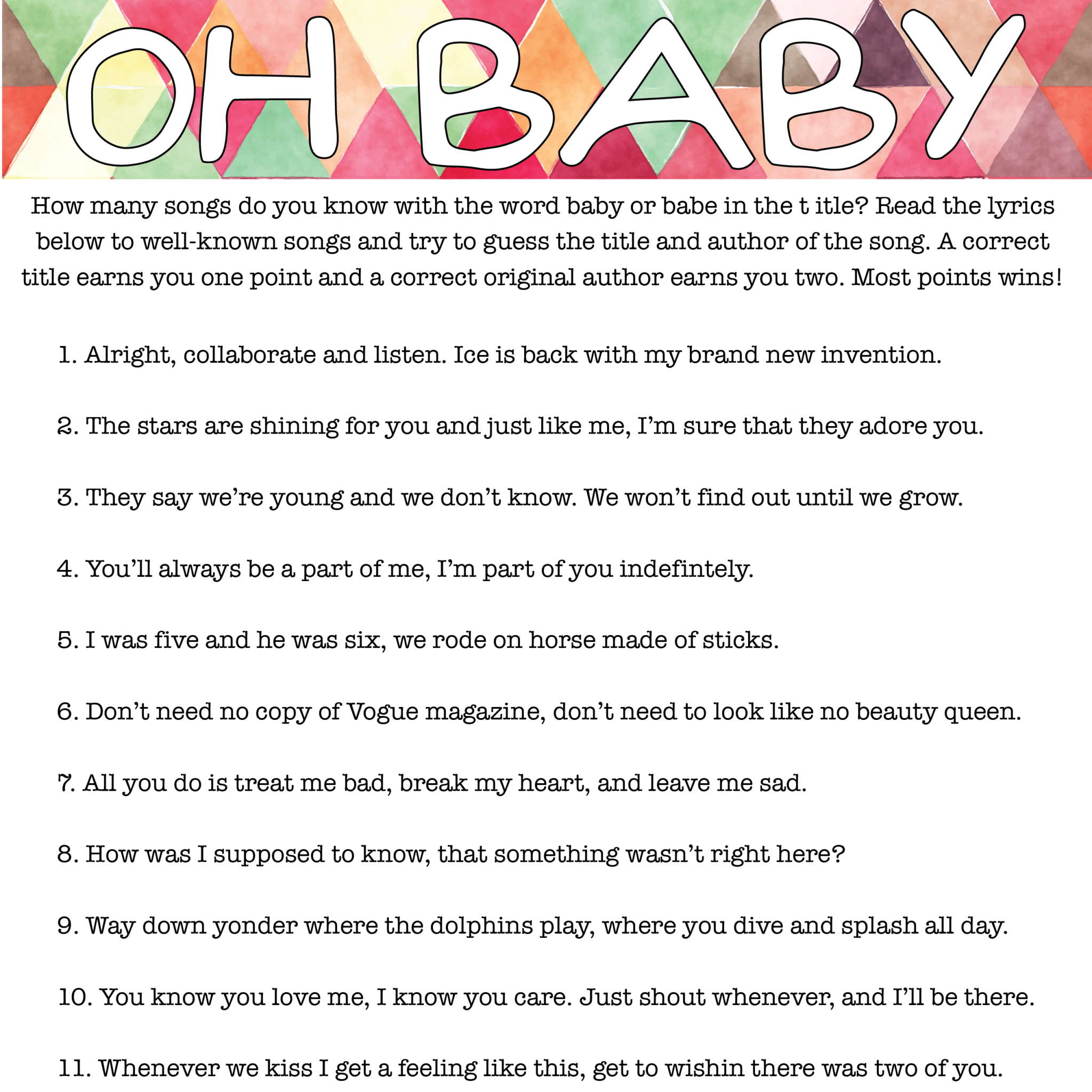Free Printable Complete The Baby Song Game 41 OFF