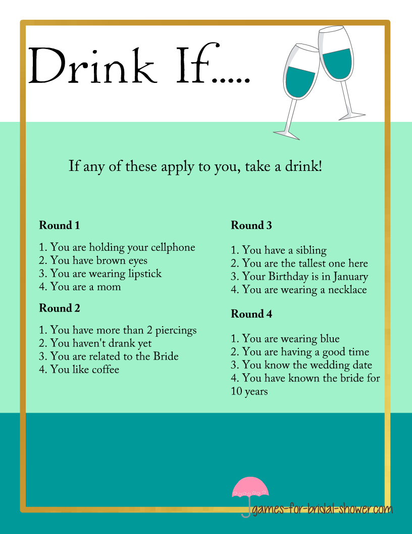 Free Printable Drink If Bridal Shower And Bachelorette Party Game