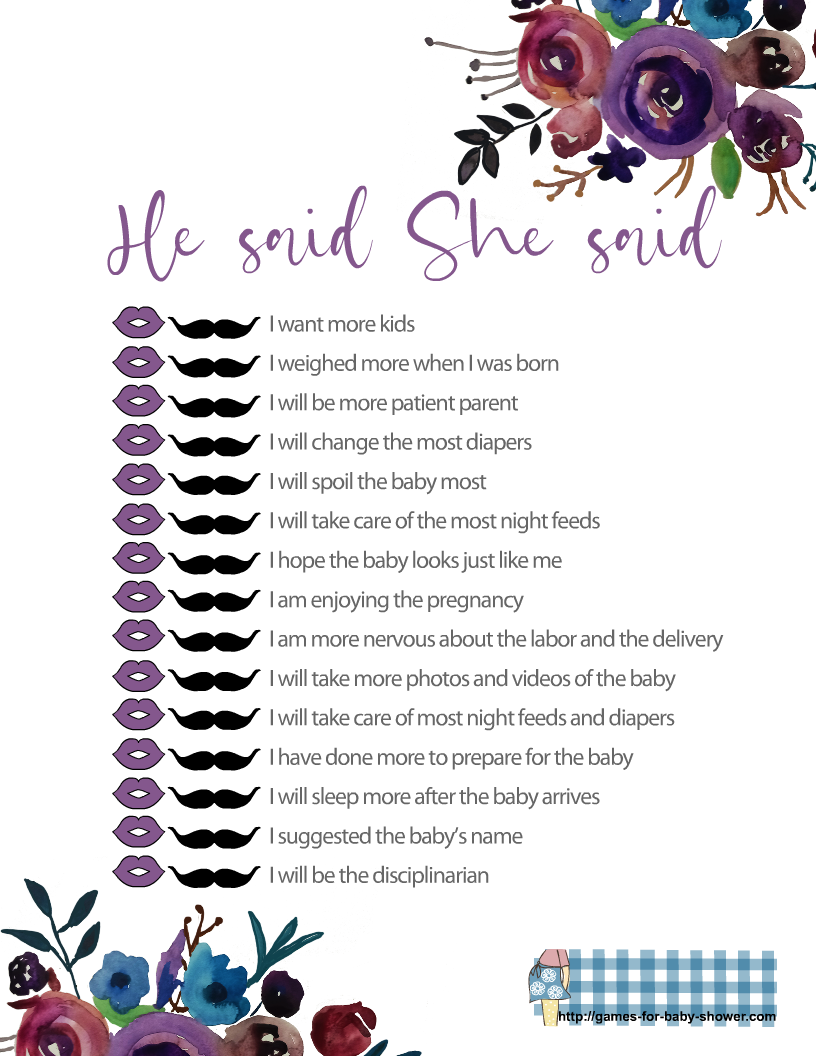 Free Printable He Said She Said Baby Shower Game
