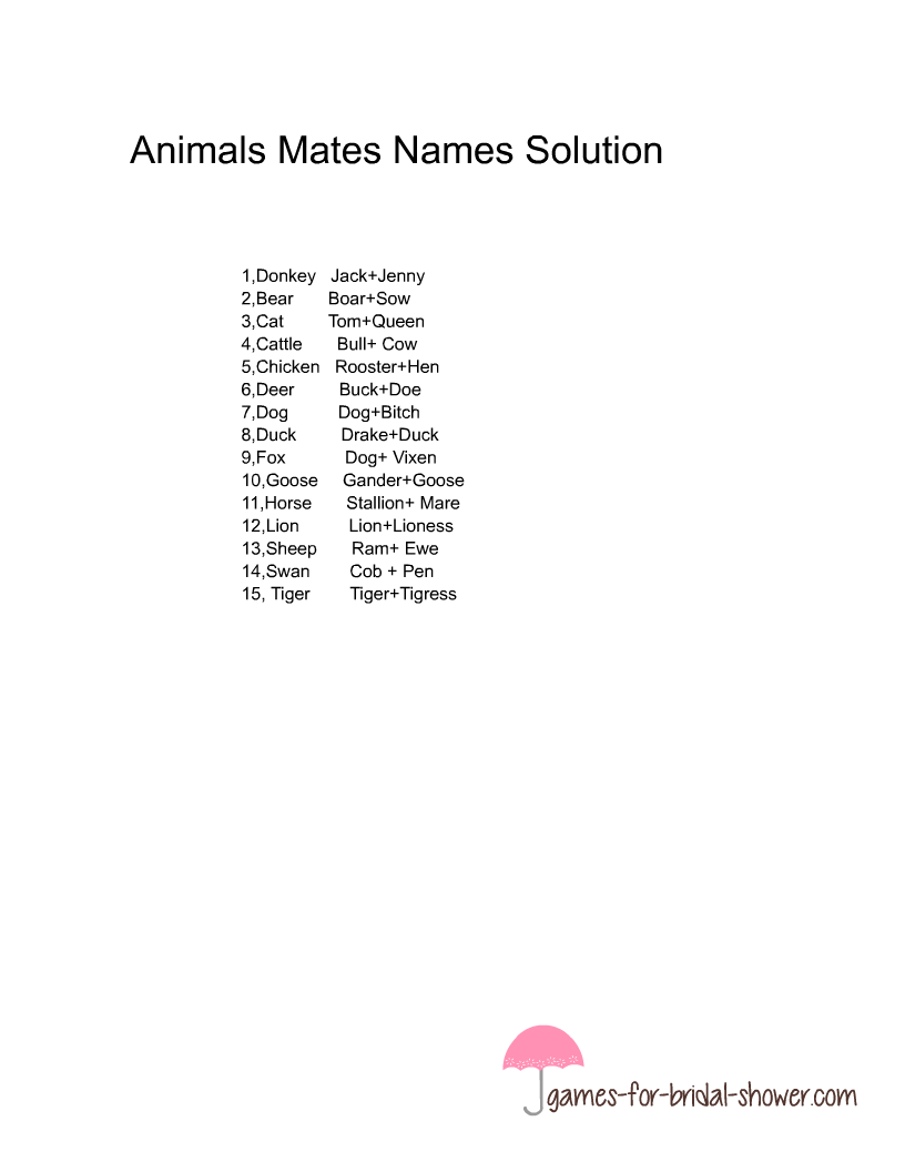 Free Printable Match The Animal Mates Names Game