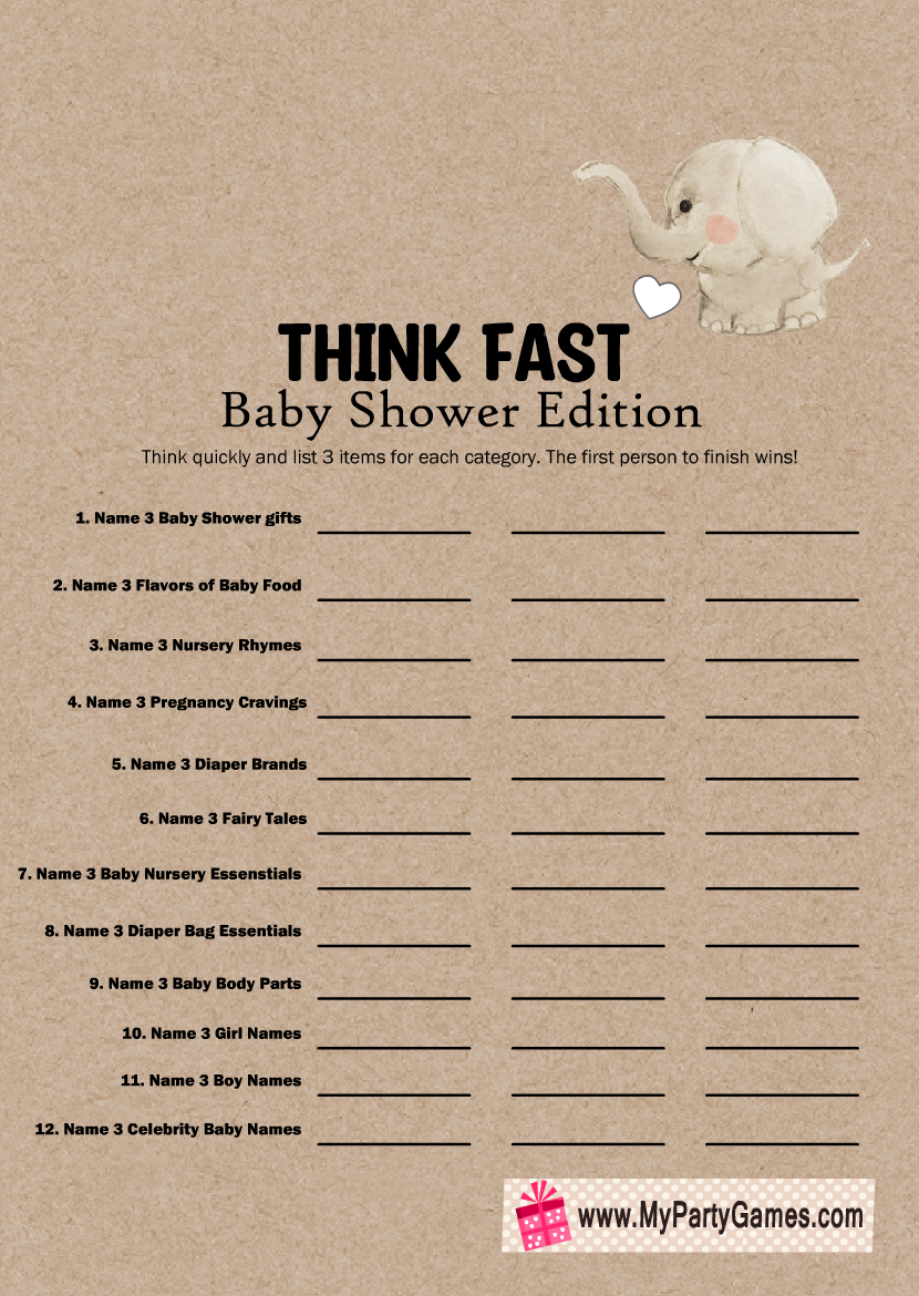 Free Printable Think Fast Baby Shower Game Boy Baby Shower Games