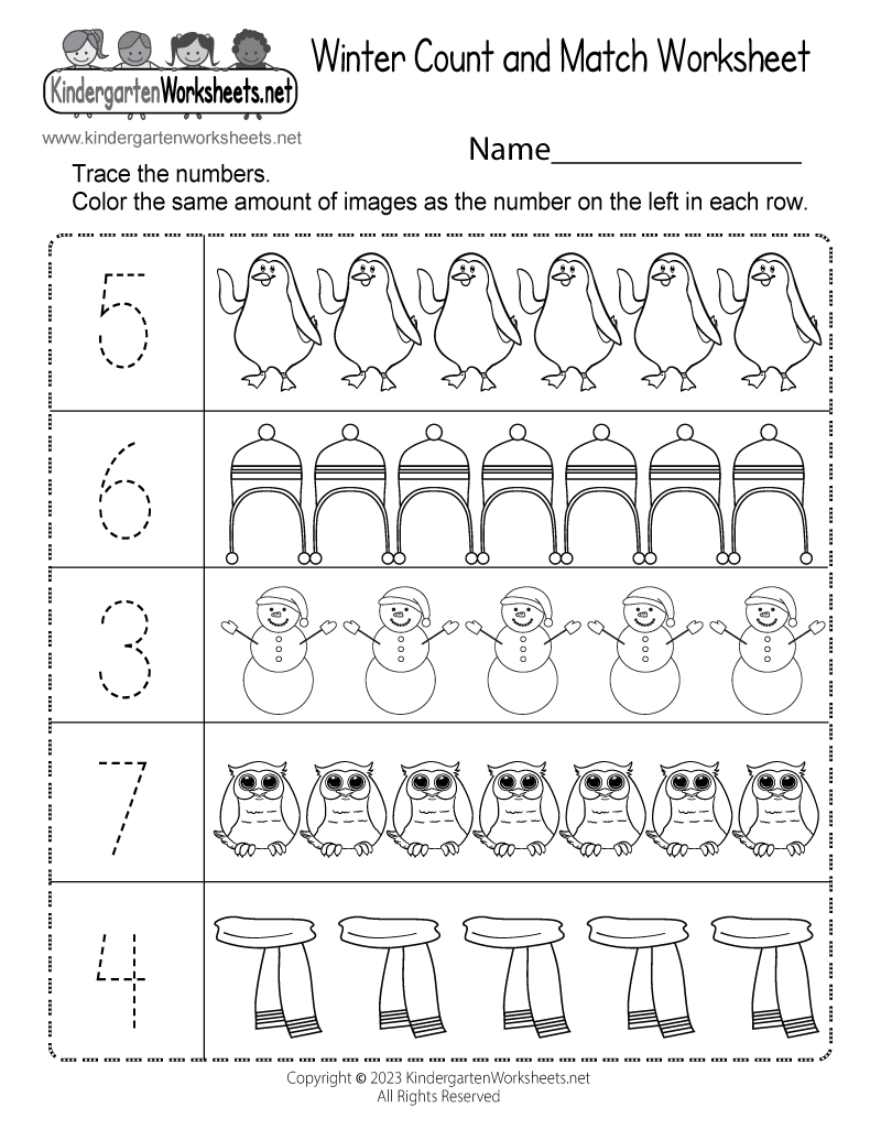 Free Printable Winter Count And Match Worksheet