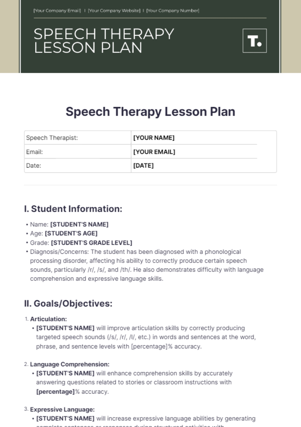speech therapy lesson plan template