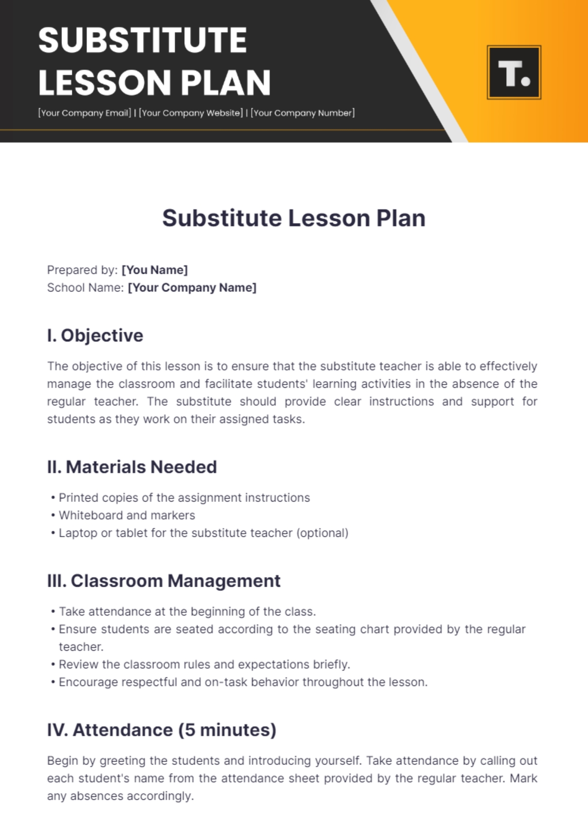 Free Substitute Lesson Plan Template To Edit Online