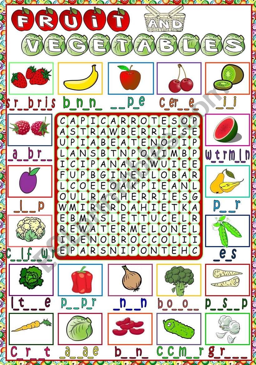 Fruit Vegetables WORDSEARCH B W Included ESL Worksheet By Mada 1