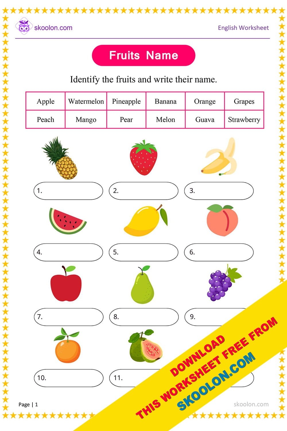 Fruits Name Worksheet Skoolon