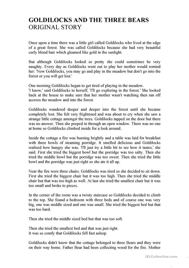 Goldilocks Three Bears Story Printable