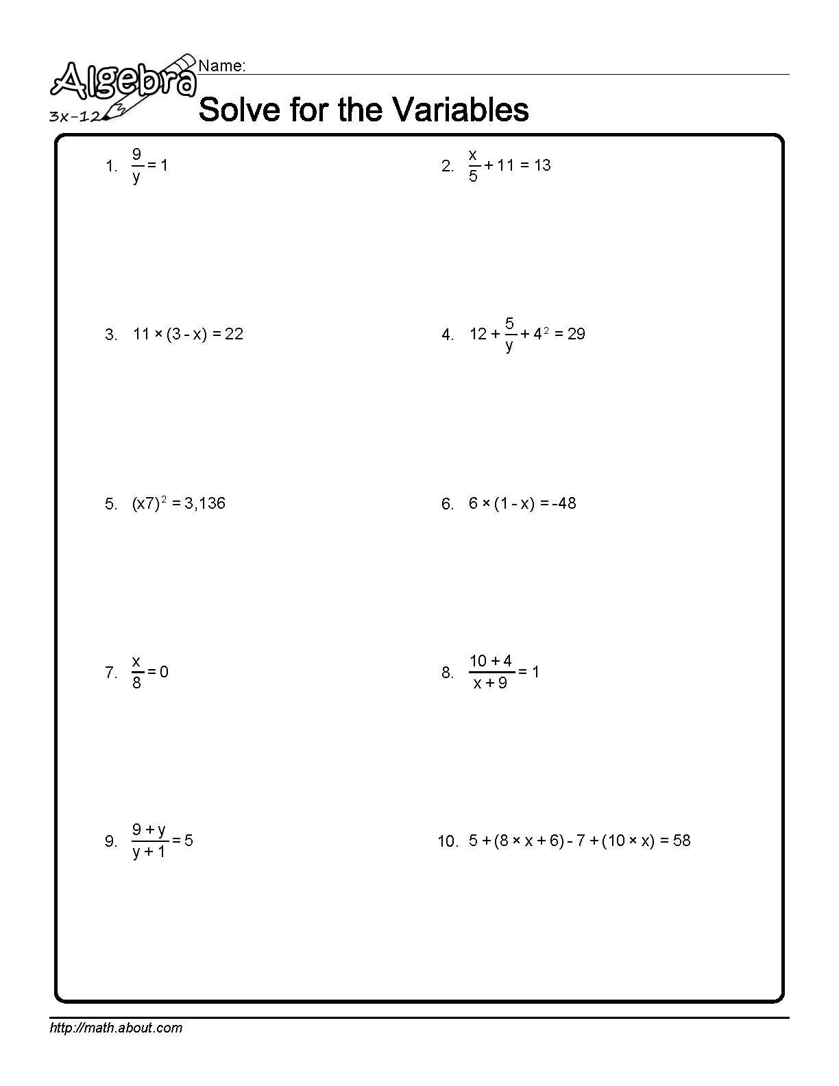 variables in math worksheets