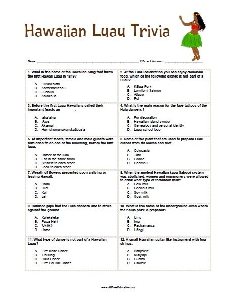 Hawaiian Luau Trivia Free Printable