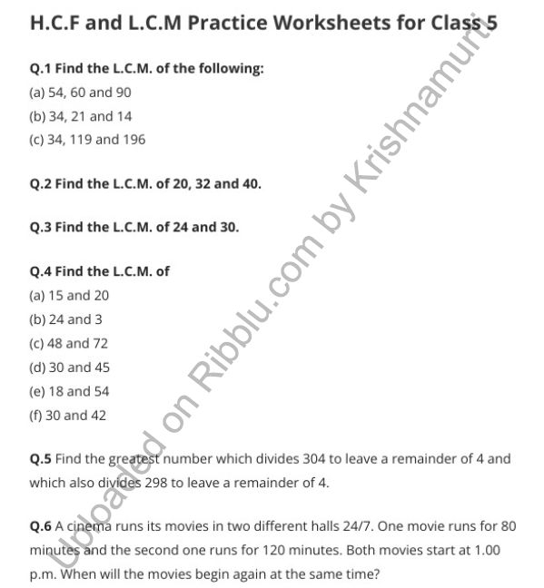 HCF And LCM Worksheets For Class 5 Free Download PDF