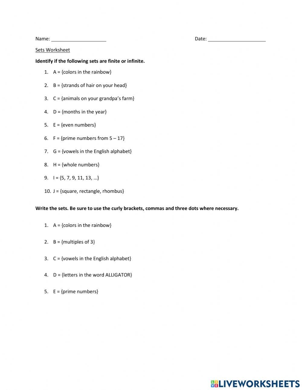 Infinite And Finite Sets Worksheet Live Worksheets Worksheets Library