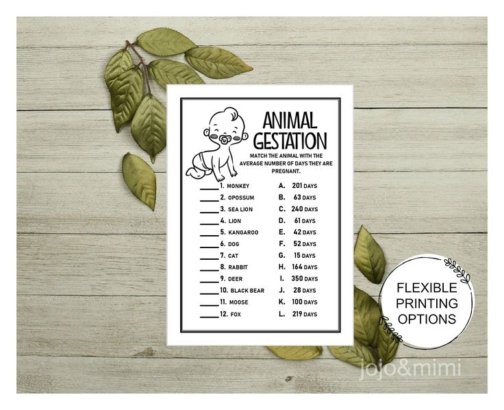 Instant ANIMAL GESTATION Printable Baby Shower Game Gestation In Days 
