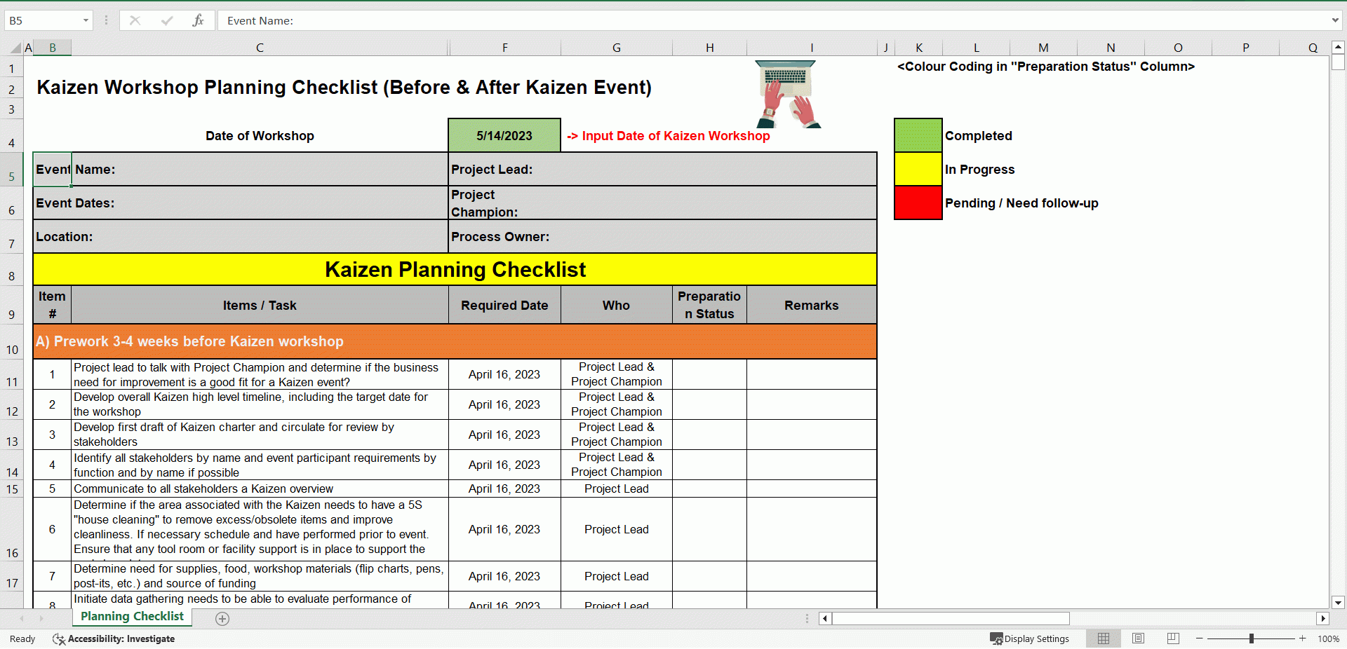 Kaizen Workshop Planning Checklist Before After Template Excel XLS