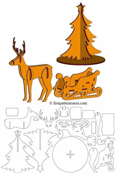 Laser Cut Deer Tree And Santa Sleigh 3D Puzzle Templates