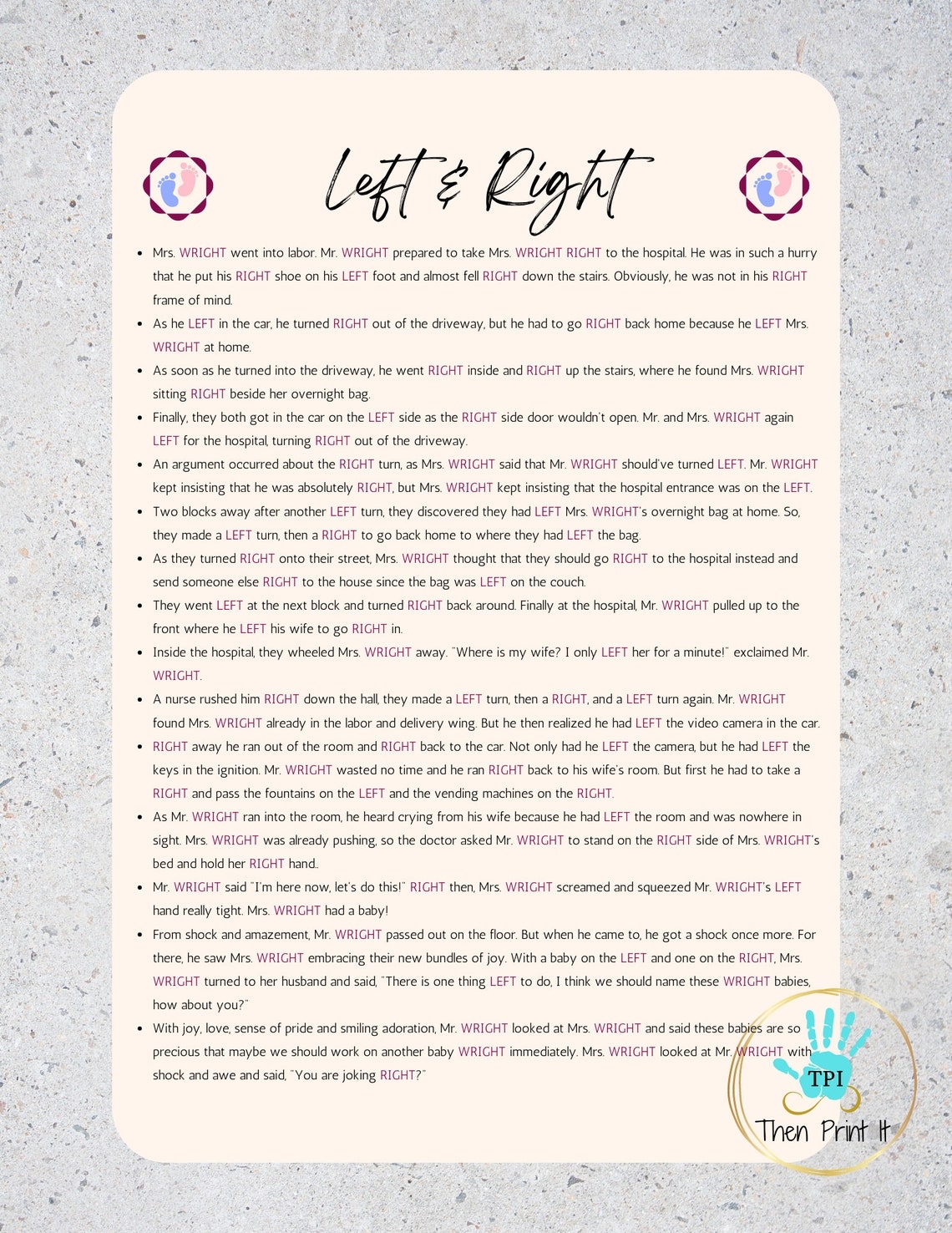 free printable baby shower left right game
