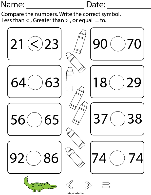 Less Than Greater Than Equal To 2 Digit Numbers Math Worksheet 