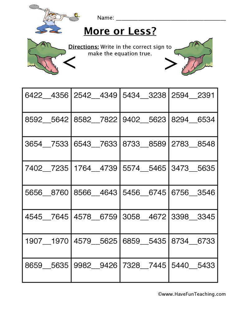math worksheets less than greater than