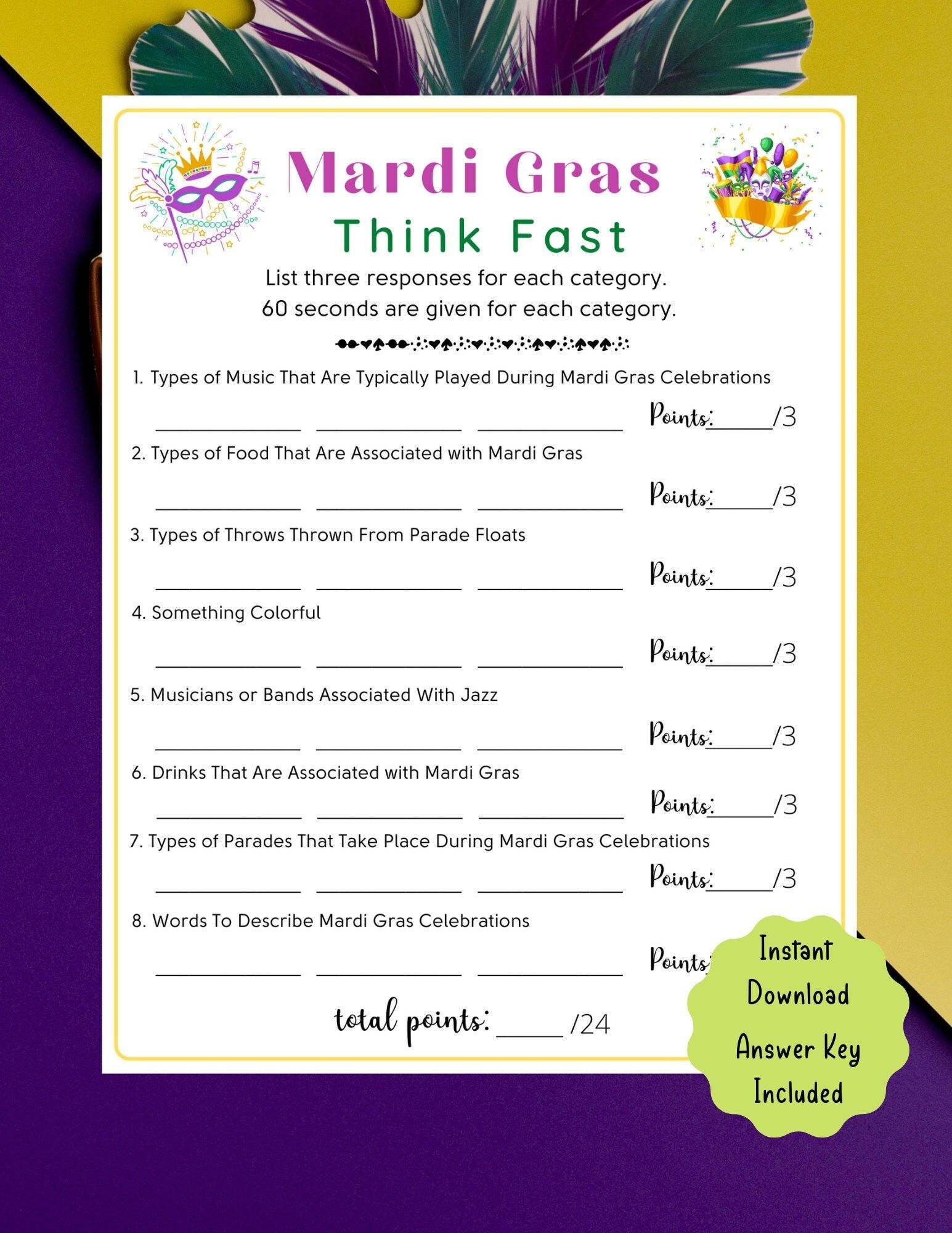 Mardi Gras Think Fast Game Mardi Gras Printable Game For Kids Adults