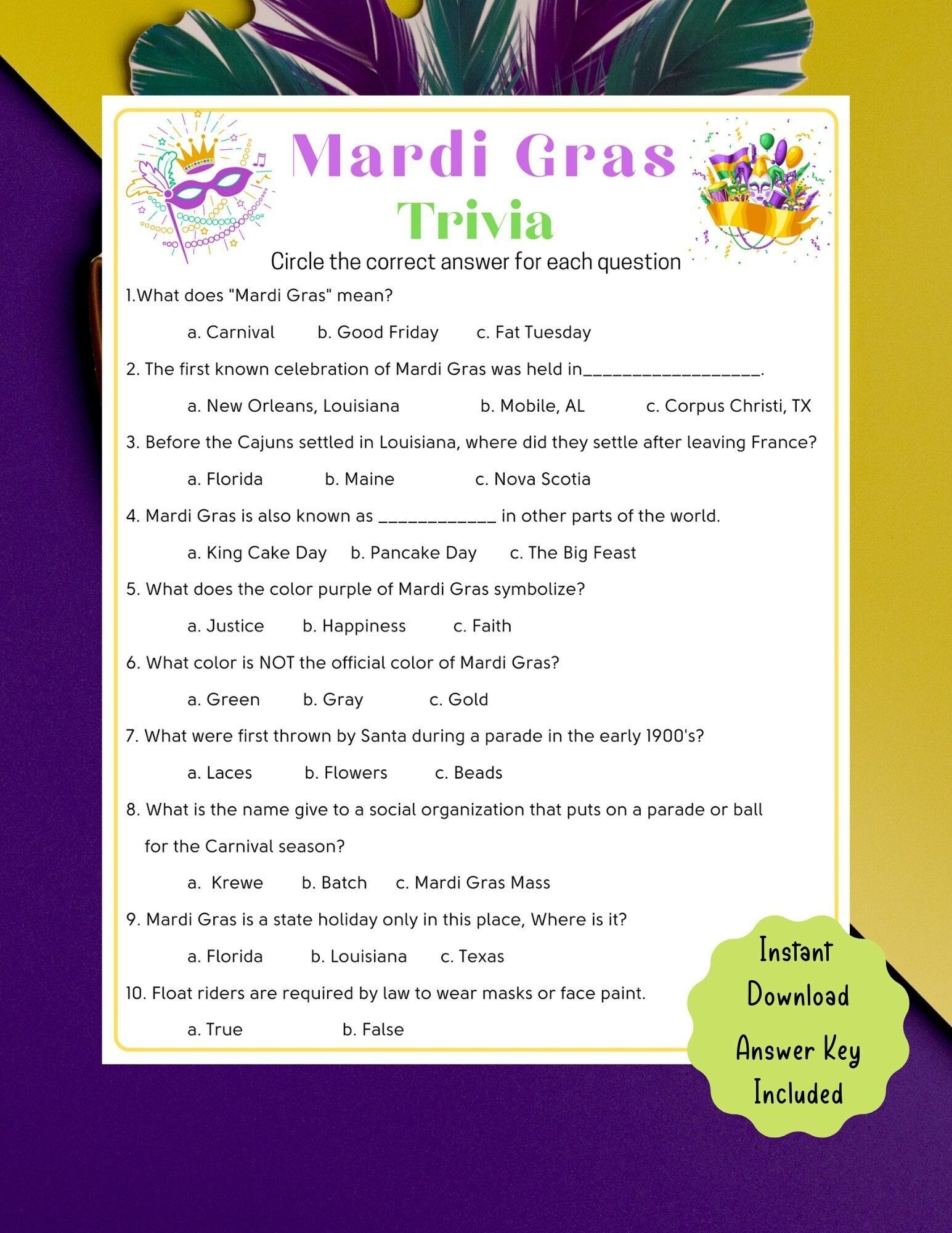 Mardi Gras Trivia Game Mardi Gras Printable Game For Kids Adults Fun 