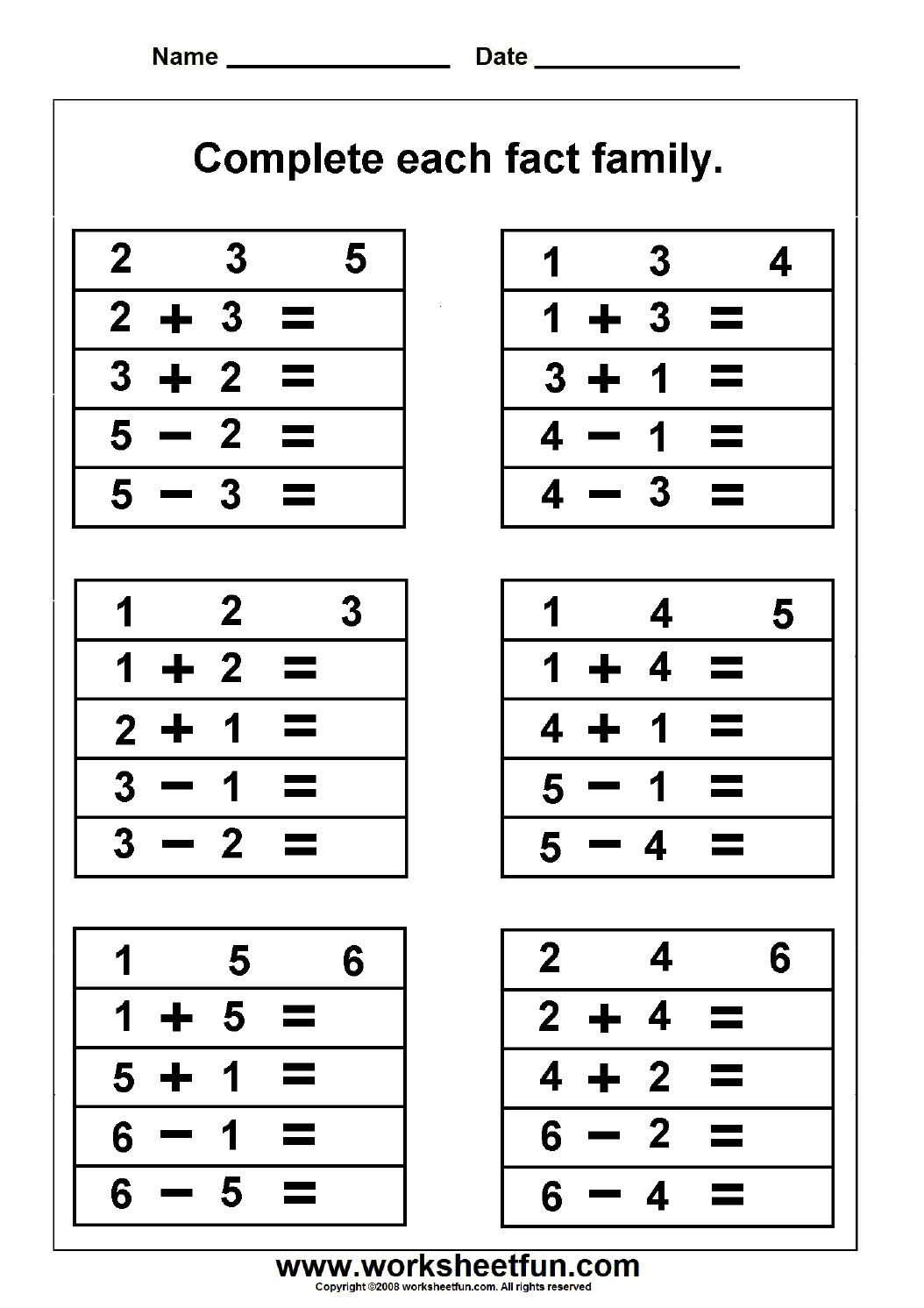 Math Fact Family Worksheets Printable PDF Template