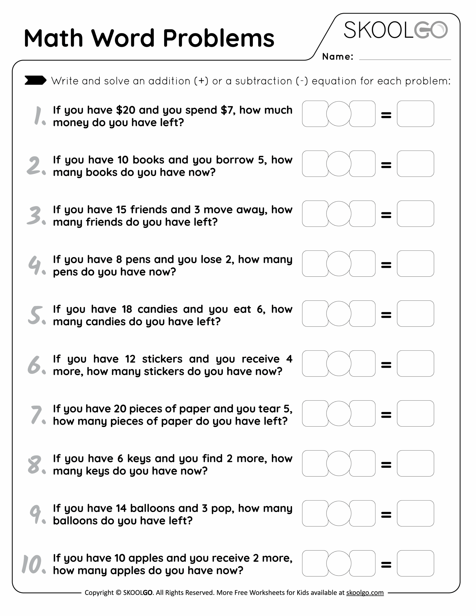 Math Word Problems Printable Worksheet With Answer Key Lesson 