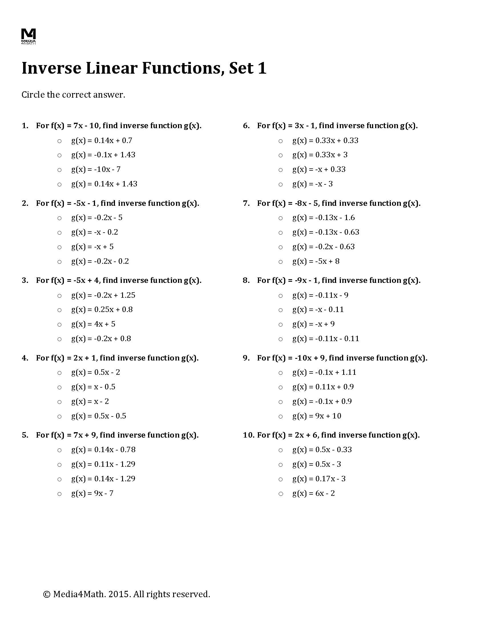 functions math worksheet