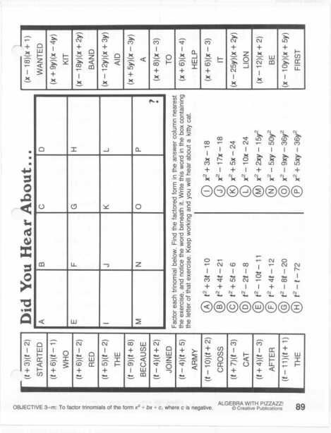 Math Worksheets Algebra With Pizzazz Answers