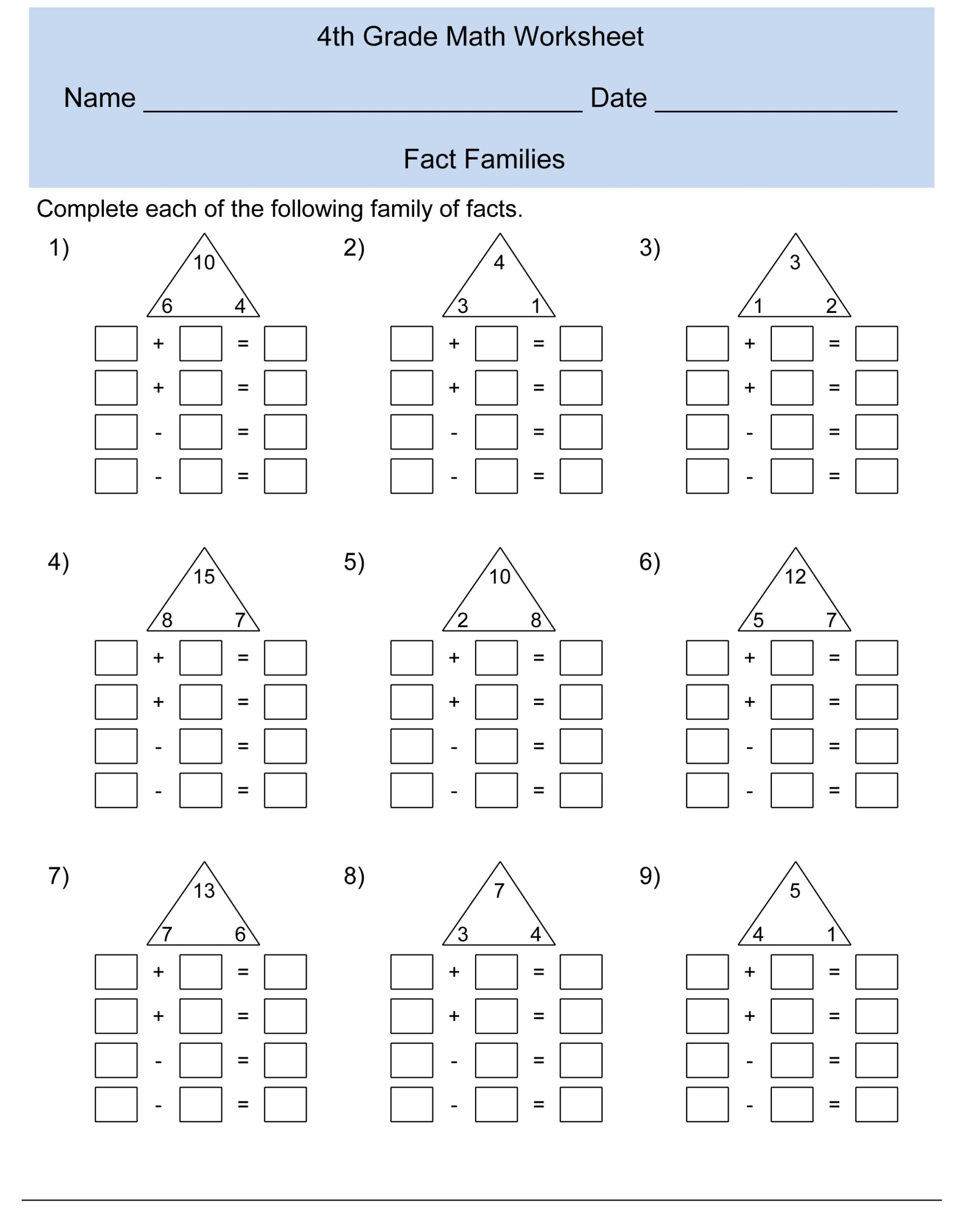 fact family math worksheets