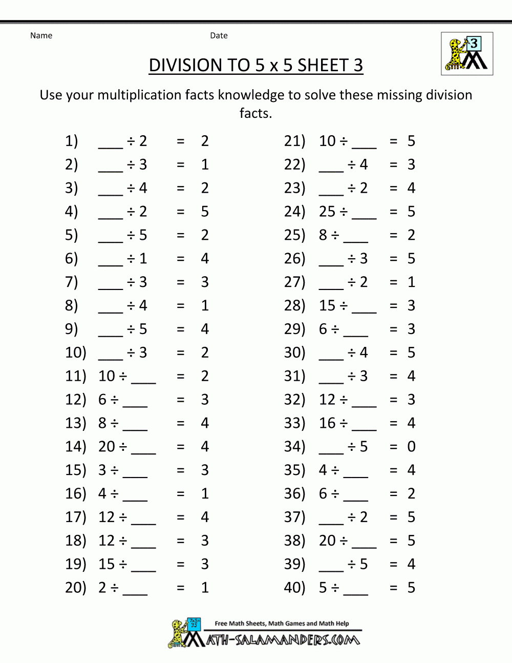 Math Worksheets For 3rd Grade Division