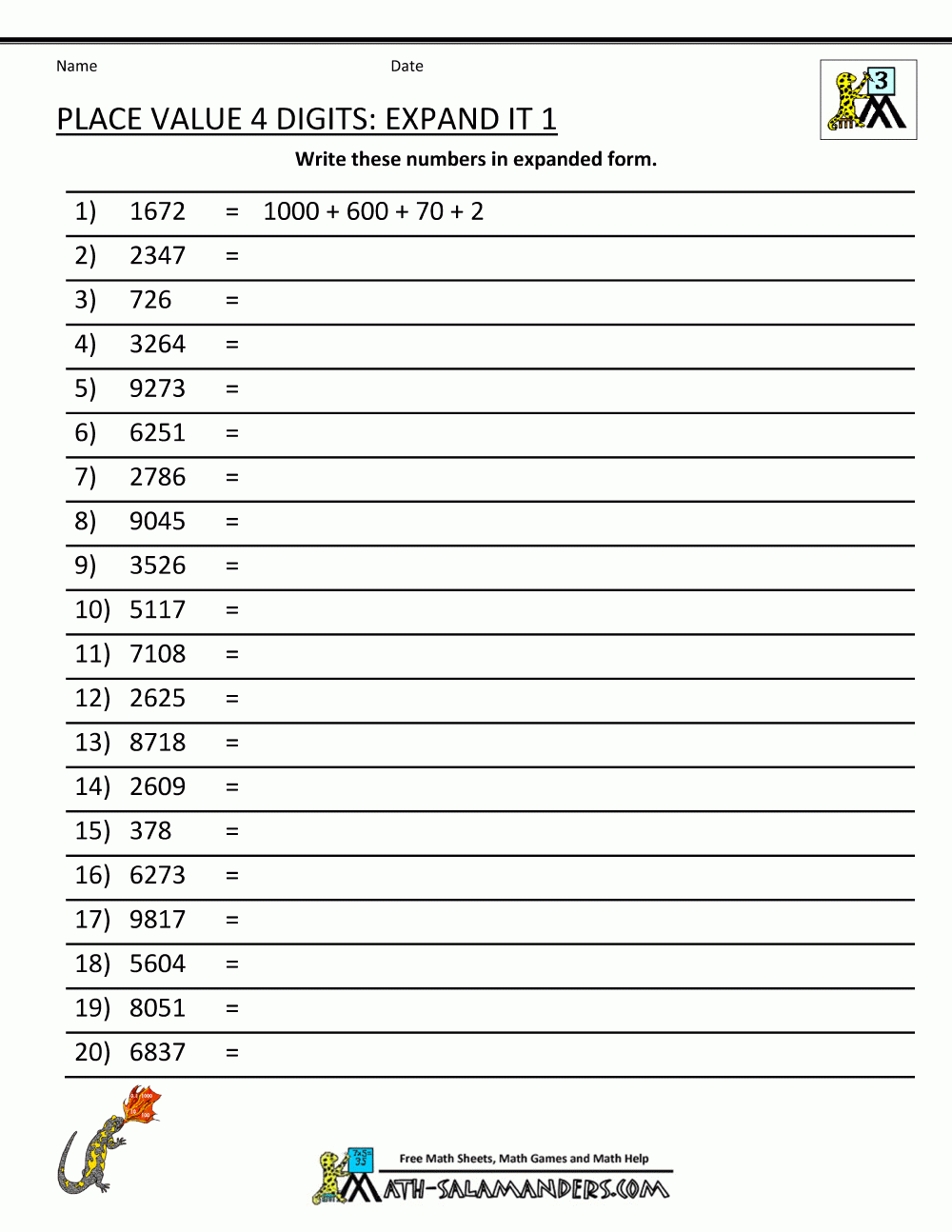 place value math worksheets