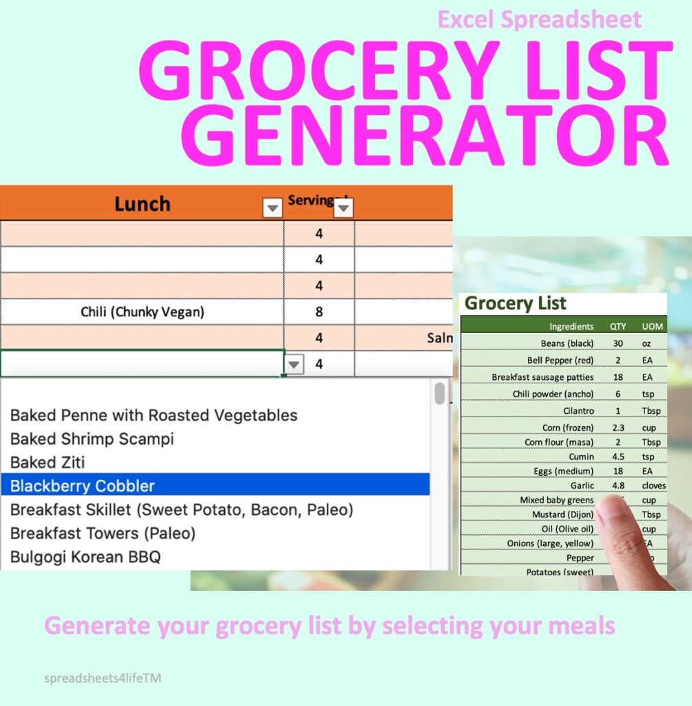 Meal Plan Excel Template Grocery List Generator