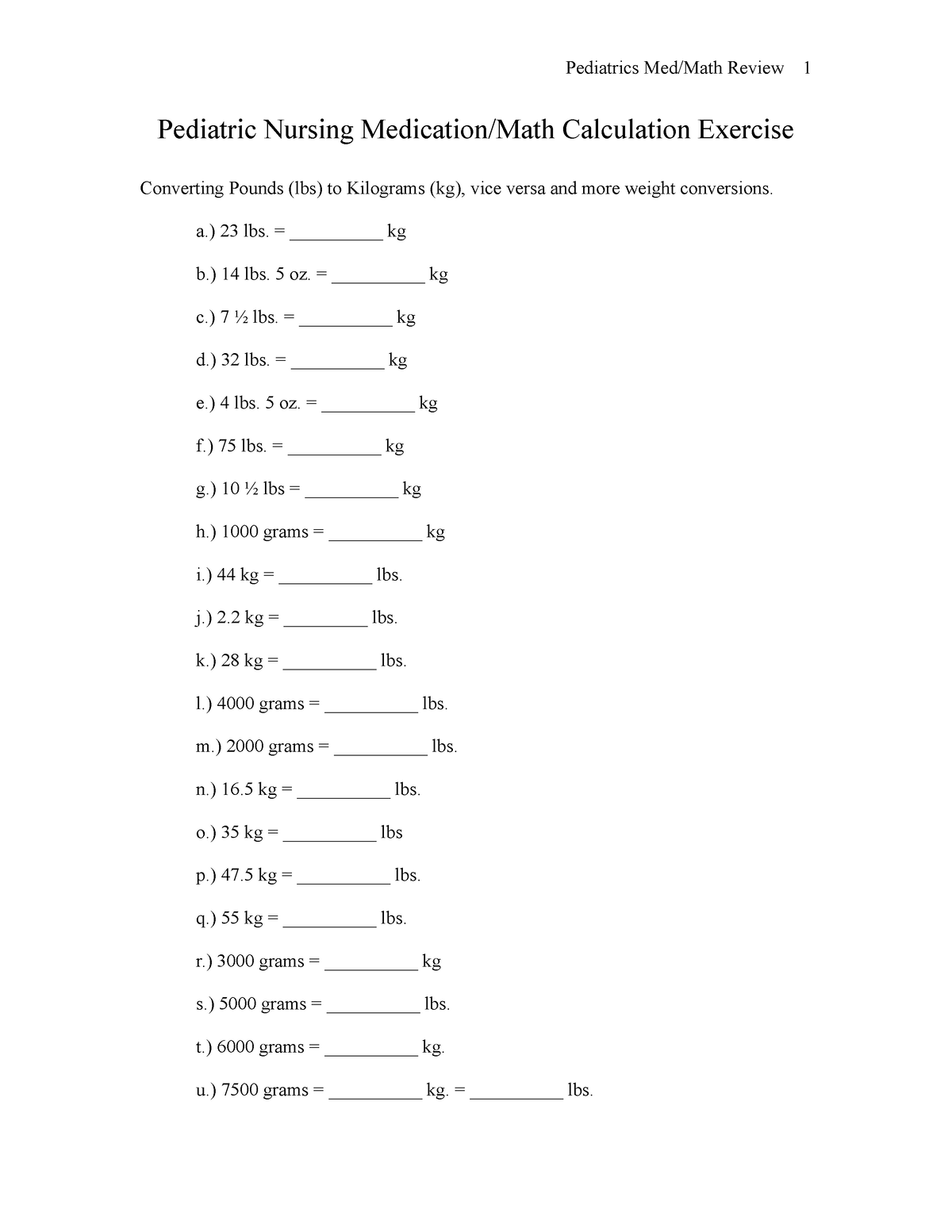 Medication Math Worksheet Pediatric Nursing Medication Math 