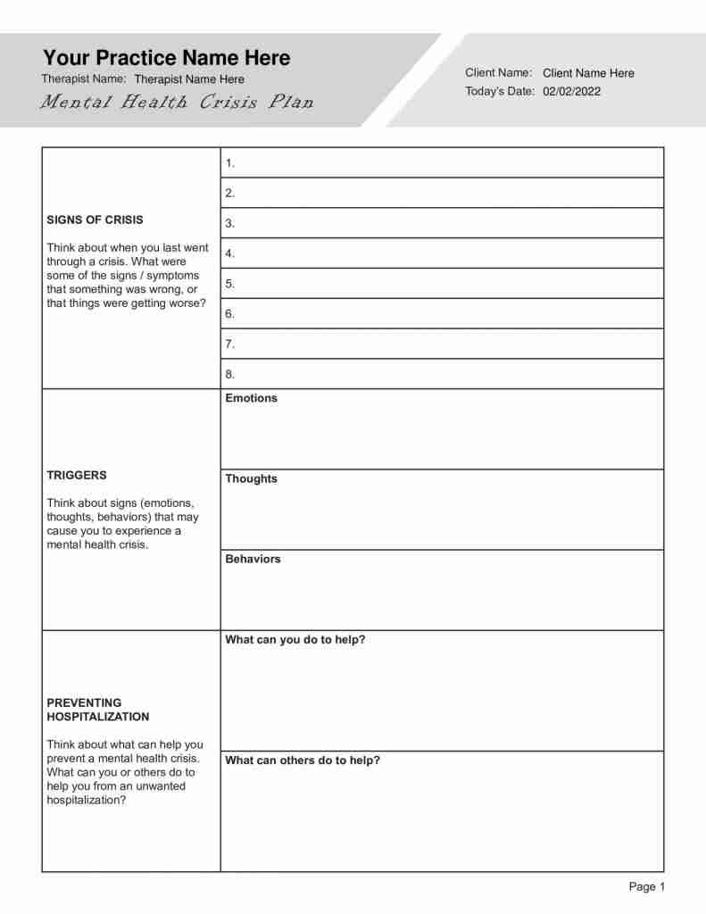 Mental Health Crisis Plan Editable Fillable Printable PDF 