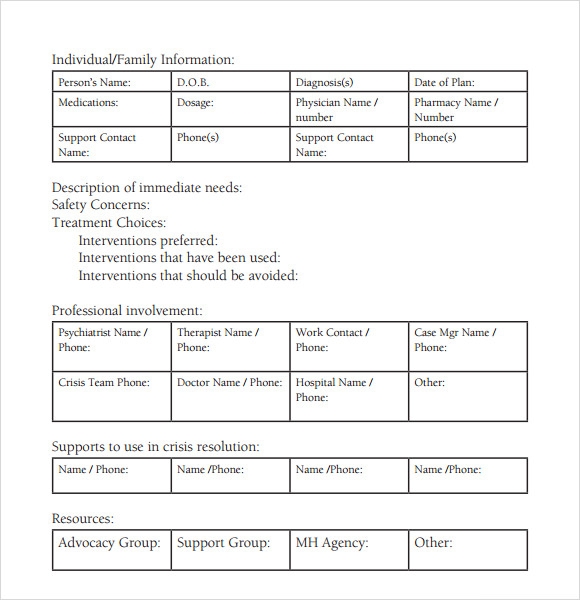 Mental Health Safety Plan Template