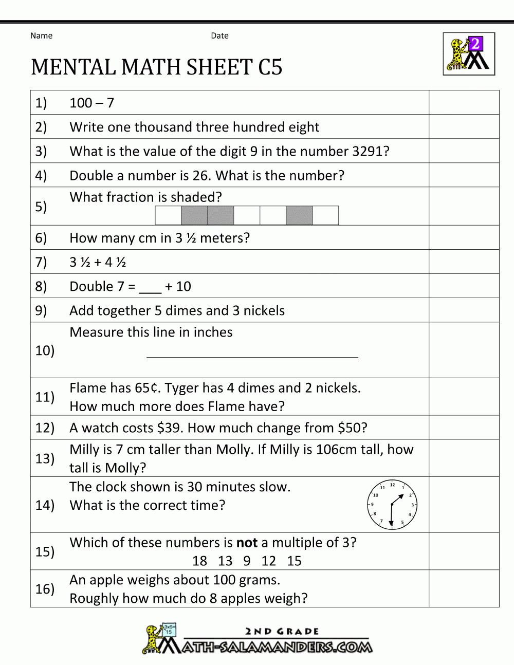 mental math practice worksheets