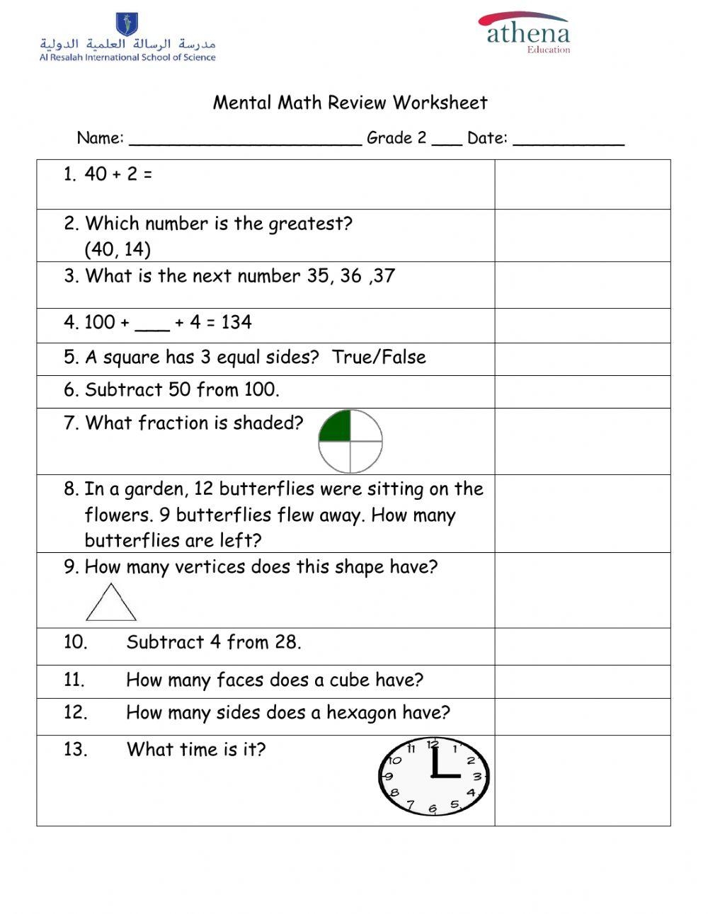 Mental Math Exercise For Grade 2 Live Worksheets Worksheets Library