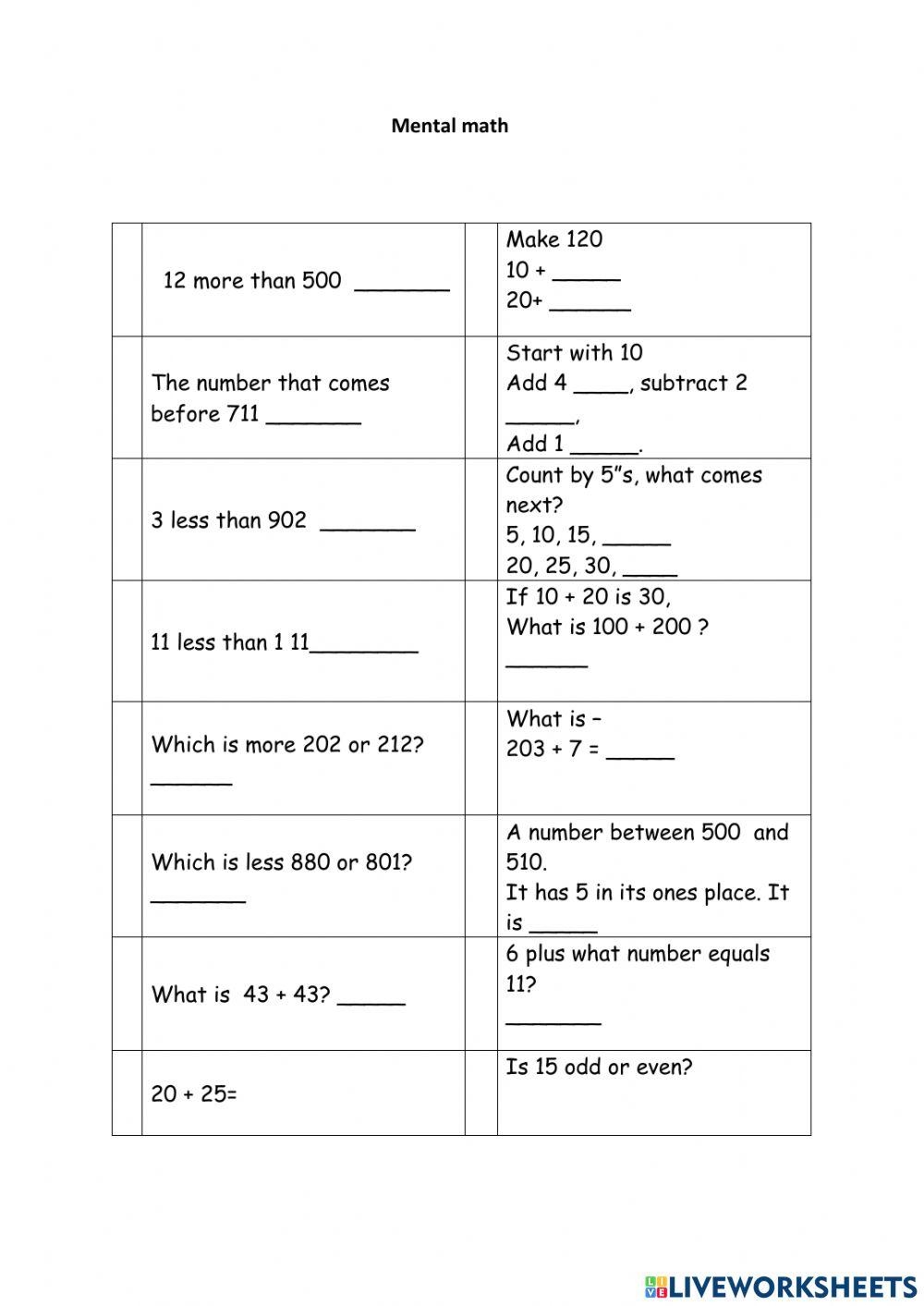 Mental Math Online Activity For Grade 2 Live Worksheets Worksheets 