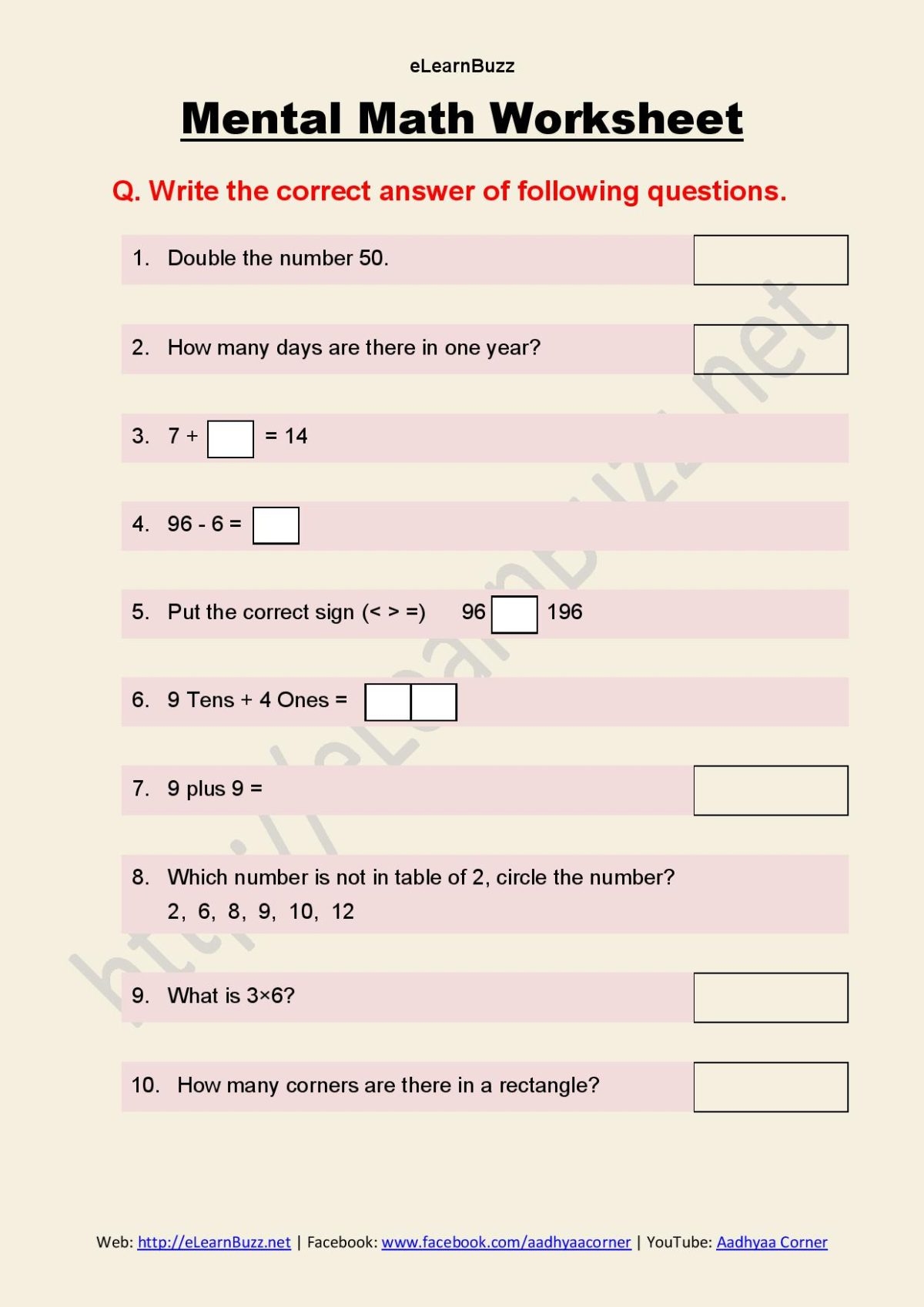 Mental Maths Worksheets Grade 1 Set 1 ELearnBuzz