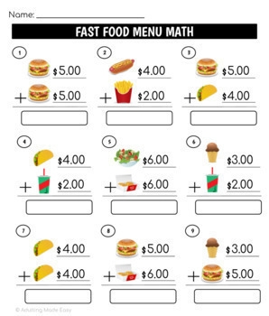 Menu Math Printable Worksheets For Kids Kidpid Worksheets Library