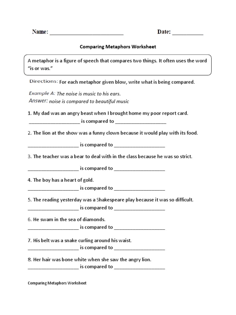 Metaphor Worksheet 1 Metaphor Meaning PDF Worksheets Library