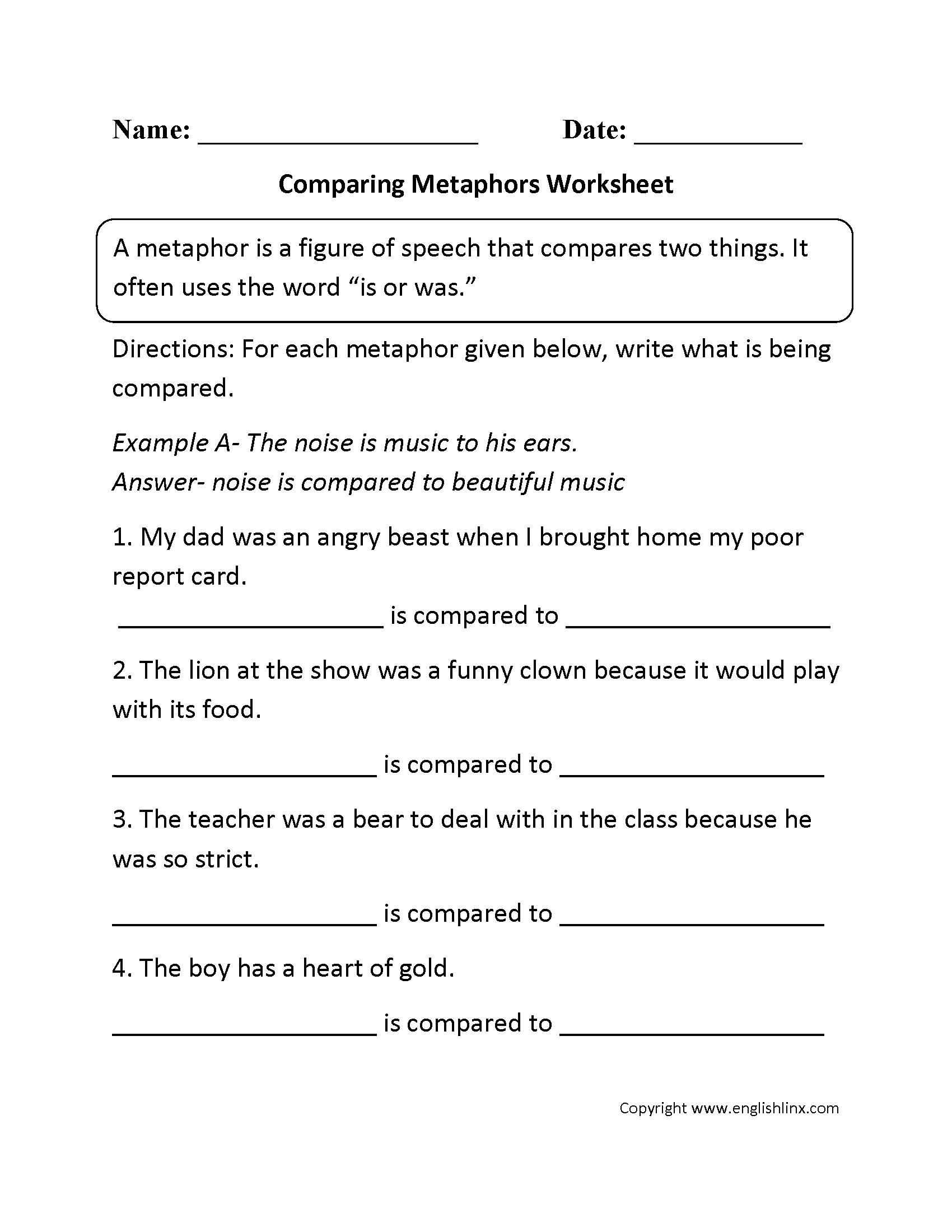 what is a metaphor math worksheet